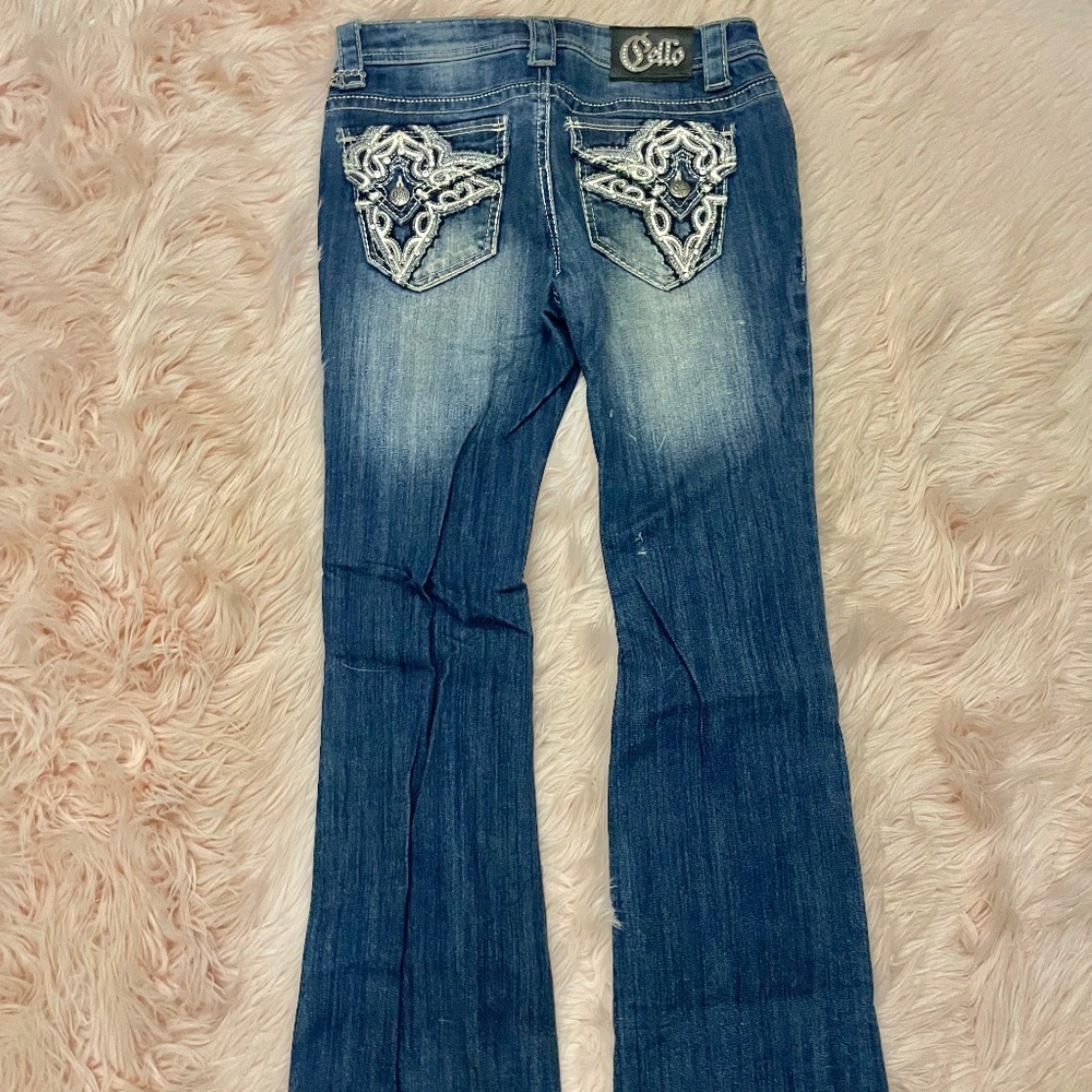 Cello Embellished Bling Back Pockets Contrast Stitch Boot Cut Jeans Women Size 3